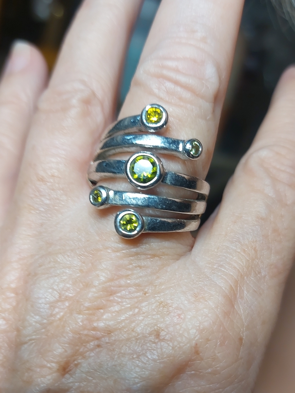 Silvertone Multi-Band Peridot Statement Ring - Size 7
